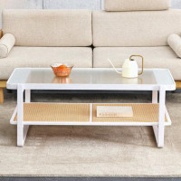 Wenty Modern Minimalist White Double Layered Solid Wood Coffee Table. Glass Tabletop, Imitation Rattan  Edge Table. Rect