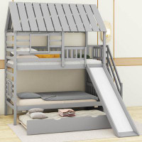 Harper Orchard Twin Over Twin House Bunk Bed With Trundle And Slide, Storage Staircase