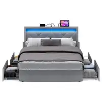 Ivy Bronx Ivy Bronx Full Size LED Bed Frame With Headboard And 4 Drawers Storage Adjustable Upholstered Headboard 1 USB