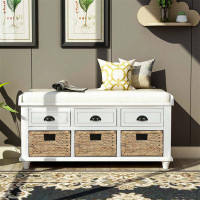 Longshore Tides Rustic Storage Bench With 3 Drawers And 3 Rattan Baskets, Shoe Bench For Living Room, Entryway (White)