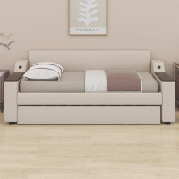 FINEAK Twin Size Upholstery Daybed With Storage Arms, Trundle And USB Design