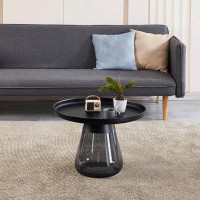 Corrigan Studio Smoke Glass Base With Black Painting Top Coffee Table, Living Room Center Table