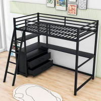Harriet Bee Iggo Twin Size Metal Loft Bed with Desk,Shelves and Drawers