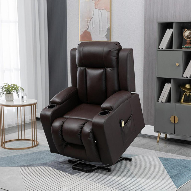 ELECTRIC POWER LIFT CHAIR, PU LEATHER RECLINER SOFA WITH FOOTREST, REMOTE CONTROL AND CUP HOLDERS, BROWN in Chairs & Recliners - Image 2