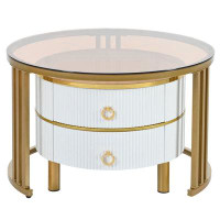 Mercer41 27.5''&19.6'' Stackable Coffee Table With 2 Drawers, Nesting Tables With Brown Tempered Glass And High Gloss Ma