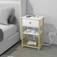17 Stories Modern Brown Nightstand With Drawer & Charging Station - Multifunctional End Table
