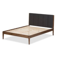 Hokku Designs Lefancy Harning Mid-Century Light Grey Fabric and Medium Brown Finish Wood King Size Platform Bed