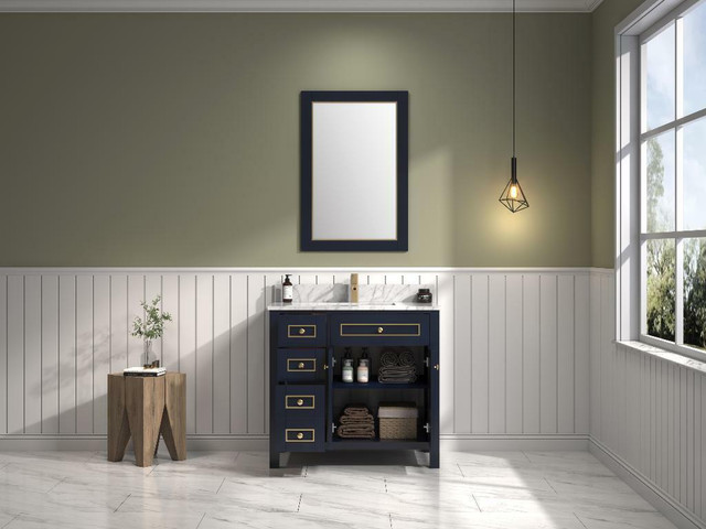 36, 48, 60 & 72 Blue with Gold Accents Bathroom Vanity w Carrara White Marble (Dovetail Drawer)(Light Oak & White Avail) in Cabinets & Countertops - Image 2