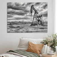 Design Art Black And White Oil Drilling Rig Fields - Oil Rigs / Fields Canvas Wall Art