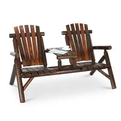 Millwood Pines 2-Seat Wooden Adirondack Chair, Outdoor Log Patio Loveseat With Built-In Table, Patio Bench Fire Pit Chai