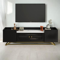Mercer41 Contemporary Tv Stand With Fluted Glass Doors And Faux Marble Top Entertainment Centre For Tvs Up To 70