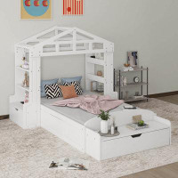 Latitude Run® Twin Size House Bed With Bench, Socket And Shelves