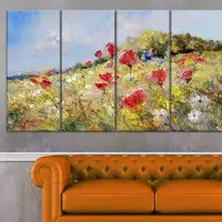 Made in Canada - Design Art 'Painted Poppies on Summer Meadow' 4 Piece Painting Print on Wrapped Canvas Set