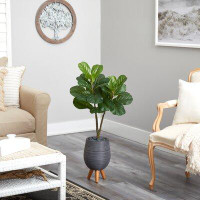 Primrue 3.5Ft. Fiddle Leaf Fig Artificial Tree In Grey Planter With Stand