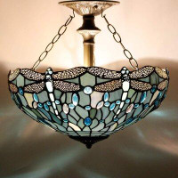 Bloomsbury Market Tiffany Ceiling Light Fixture Semi Flush Mount 16" Sea Blue Stained Glass Dragonfly Dome Hanging Lamp