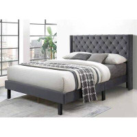 Rosdorf Park Linen Button Tufted-Upholstered Bed Curve Design - Strong Wood Slat Support - Easy Assembly - Grey, Queen
