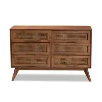 Bay Isle Home™ Lefancy Arolyn Mid-Century Modern Walnut Brown Finished Wood and Synthetic Rattan 6-Drawer Dresser