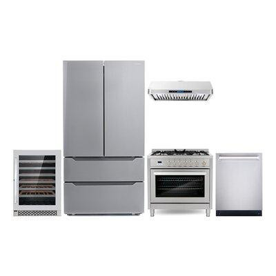 Cosmo Cosmo 5 Piece Kitchen Packages With 36" Freestanding Gas Range 36" Under Cabinet Range Hood 24" Built-in Fully Int in Refrigerators
