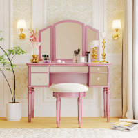 Darby Home Co 43" Dressing Table Set With Mirrored Drawers And Stool