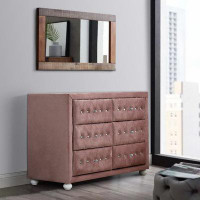 Benjara Rex 40 Inch Modern Upholstered Dresser, 6 Drawers, Crystal Handles, Pink
