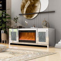 Everly Quinn Mirror glass TV stand with electric fireplace, crystal decor doors, 7 colors choosen