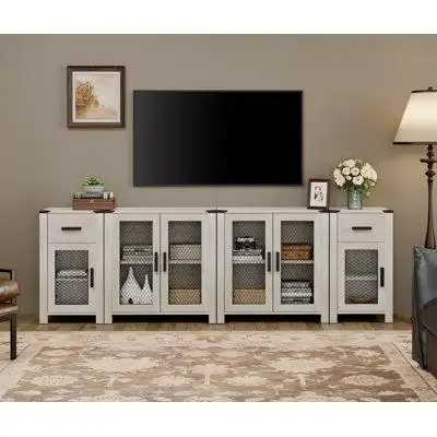 17 Stories 17 Stories Farmhouse TV Stand Set For 100" TV,Drawers Storage Cabinet With Mesh Door And Adjustable Shelf,Med