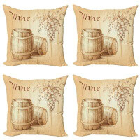 East Urban Home Ambesonne Wine Decorative Throw Pillow Case Pack Of 4, Wooden Barrels And Bunch Of Grapes On Wood Backdr