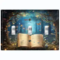 WorldAcc Metal Light Switch Plate Outlet Cover (Magical Ancient Book Forest Butterfly - Triple Toggle)