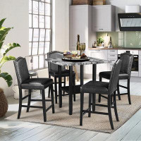 Red Barrel Studio 5-Pieces Marble Top Grey Kitchen Dining Table Set With 4-Leather Chairs