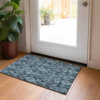 Bungalow Rose Leis Damask Machine Woven Polyester Indoor / Outdoor Area Rug in Teal