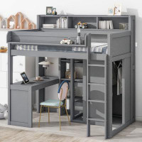 Harriet Bee Wood   Loft Bed With Multiple Storage Shelves And Wardrobe