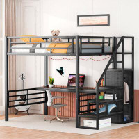 Mason & Marbles Kids Full Size Metal Loft Bed With Desk And Wardrobe