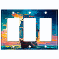 WorldAcc Metal Light Switch Plate Outlet Cover (Rustic Sea Ship Boat Sunrise Ocean - Triple Rocker)