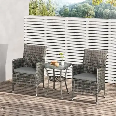 3pc PE Rattan Wicker Bistro Dining Table & Chair Set w/ Cushions for Outdoor Patio Deck - Grey
