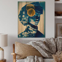 Bungalow Rose Avant Garde Model In Gold And Retro Blue IV - Fashion Woman Print on Natural Pine Wood