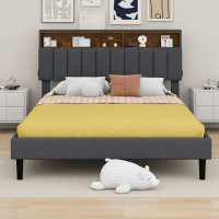 Latitude Run® Queen Size Upholstered Platform Bed With Storage Headboard And USB Port, Linen Fabric Upholstered Bed