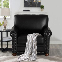 Alcott Hill Faux Leather Accent Chair With Retro Wood Legs, Comfy Upholstered Armchair With Nail Head Trim, Single Sofa
