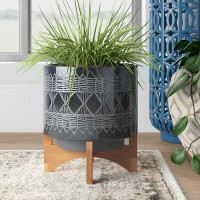 Dakota Fields Ceramic Planter with Solid Rubberwood Stand for Tabletop Display in Living Room, Office, or Bedroom