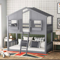 Harper Orchard Storyvale Twin over Twin House Bunk Bed with Roof, Safety Guardrails and Ladder