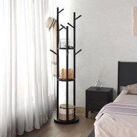 Hokku Designs Rotary Coat Rack, Wooden Coat Rack Freestanding With 3 Shelves And 9 Hooks, Coat Tree, Sturdy And Easy Ass