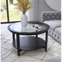 Latitude Run® Round Glass Top Solid Wood Storage Coffee Table, Black