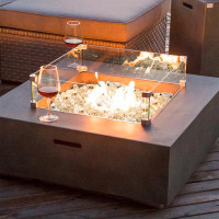 Arlmont & Co. Outdoor Propane Square Fire Pit Table, Celadon Faux Stone 35-Inch Planter Base, 50,000 BTU Stainless Steel