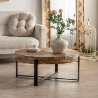 Millwood Pines 31.29" Modern Retro Splicing Round Coffee Table Fir Wood Table Top With Cross Legs Metal Base