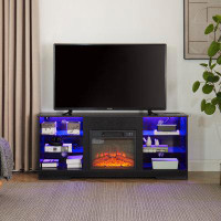 Antestuty TV Stand Electric Fireplace TV Stand With Glass Shelves, 3D Fireplace TV Stand With LED Lights Wood With USB C