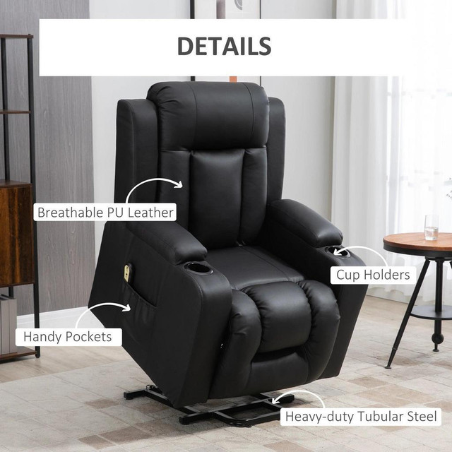 ELECTRIC POWER LIFT CHAIR, PU LEATHER RECLINER SOFA WITH FOOTREST, REMOTE CONTROL AND CUP HOLDERS, BLACK in Chairs & Recliners - Image 3