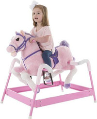 Spring Rocking Horse Plush Ride on Toy with Adjustable Foot Stirrups and Sounds