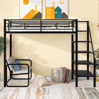 Mason & Marbles Alba Kids Twin Size Metal Loft Bed with Bench and Staircase