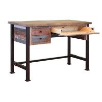 Loon Peak Gundry 48 Inch 3 Drawer Office Desk, Iron Base, Multicolor Distress Pine Wood