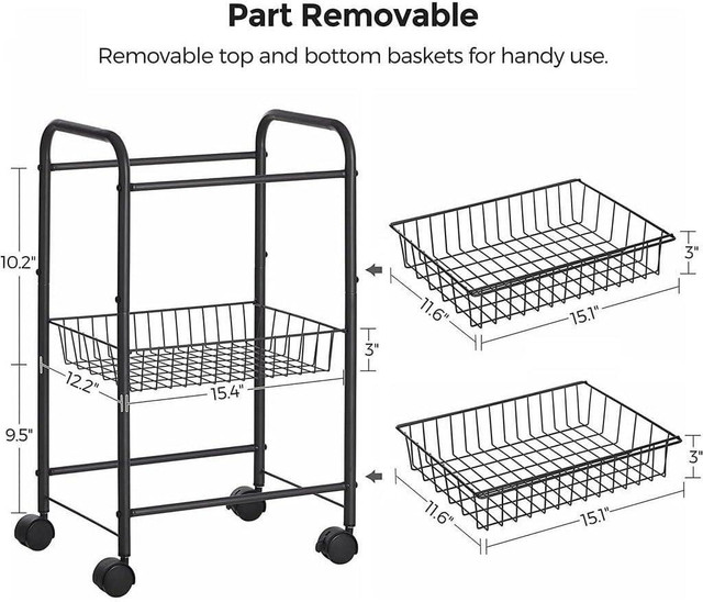 NEW 3 TIER METAL ROLLING STORAGE CART REMOVABLE BASKETS BSC03BK in Other in Alberta - Image 2