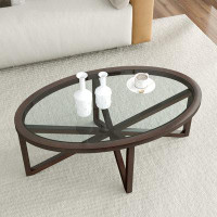 Gracie Oaks Modern Simple Glass Coffee Table, Tempered Glass Coffee Table Solid Wood Base Round Transparent